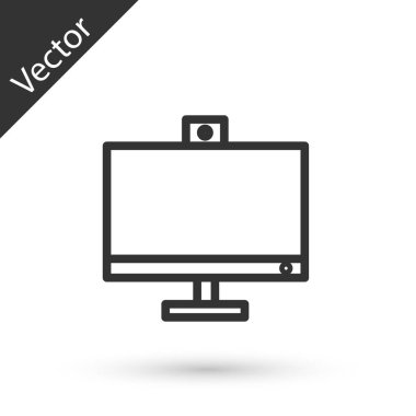 Gri çizgi bilgisayar monitörü simgesi beyaz arkaplanda izole edildi. Bilgisayar bileşeni işareti. Vektör İllüstrasyonu