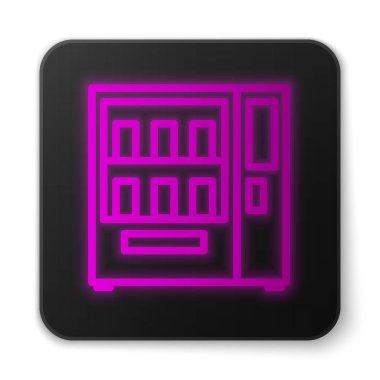 Parlayan neon hattı yiyecek ve içecek otomatı otomatikman satış simgesi beyaz arka planda izole. Siyah kare düğme. Vektör İllüstrasyonu