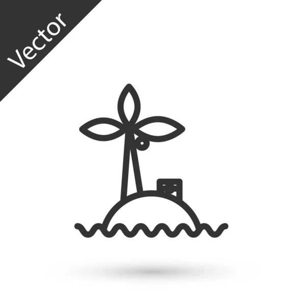 Línea gris Isla tropical en el icono del océano aislada sobre fondo blanco. Paisaje con océano y palmeras. Viajar. Ilustración vectorial — Vector de stock