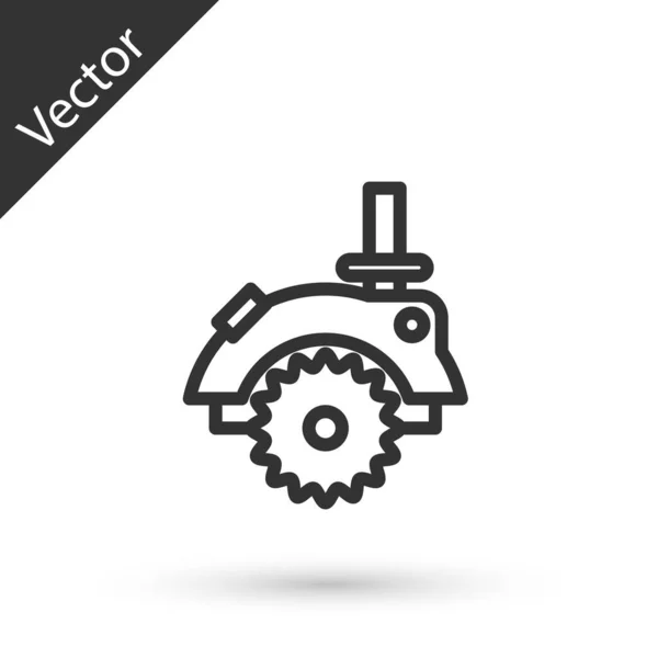 Sierra circular eléctrica de línea gris con icono de disco dentado de acero aislado sobre fondo blanco. Herramienta eléctrica para cortar madera o metal. Ilustración vectorial — Vector de stock