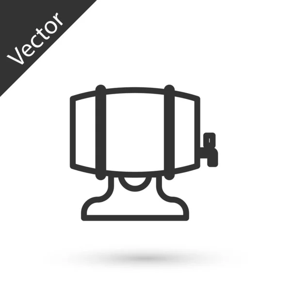 Línea gris Barril de madera en rack con icono stopcock aislado sobre fondo blanco. Ilustración vectorial — Vector de stock