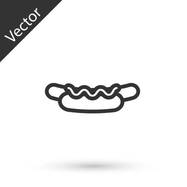 Sandwich Hotdog ligne grise avec icône moutarde isolé sur fond blanc. Icône de saucisse. Menu de restauration rapide de rue. Illustration vectorielle — Image vectorielle