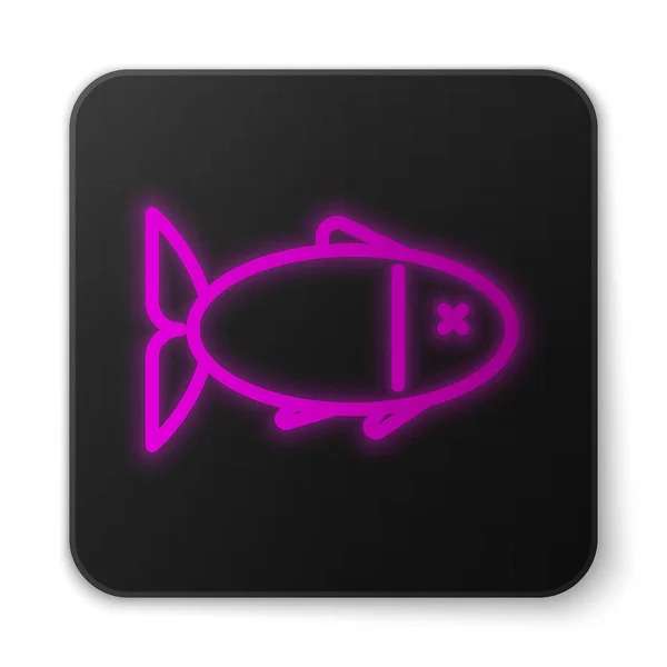 ネオンラインの光る魚のアイコンは、白い背景に隔離されています。黒の四角形のボタンベクターイラスト — ストックベクタ
