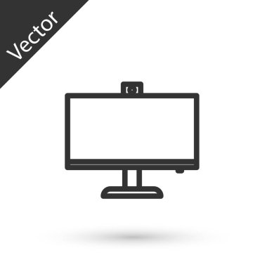 Gri çizgi bilgisayar monitörü simgesi beyaz arkaplanda izole edildi. Bilgisayar bileşeni işareti. Vektör İllüstrasyonu