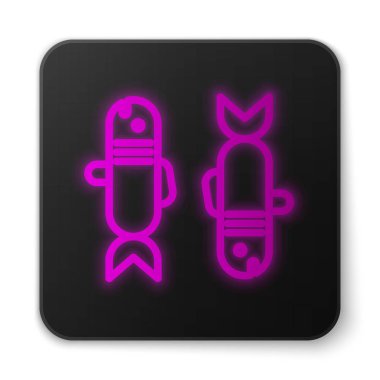 Parlayan neon çizgisi Balık burcu simgesi beyaz arkaplanda izole edilmiş. Astrolojik yıldız falı koleksiyonu. Siyah kare düğme. Vektör İllüstrasyonu