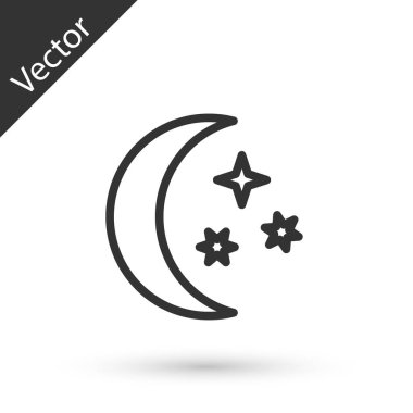 Gri çizgi Ay ve yıldızlar simgesi beyaz arka planda yalıtılmış. Vektör İllüstrasyonu