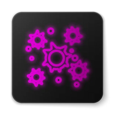 Parlayan neon hattı bakteri simgesi beyaz arkaplanda izole edildi. Bakteriler ve mikroorganizmalar, sebep olan mikroorganizma hastalıkları, hücre kanseri, mikrop, virüs, mantar. Siyah kare düğme. Vektör İllüstrasyonu