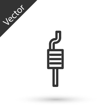 Gri çizgi araba susturucusu simgesi beyaz arka planda izole edildi. Egzoz borusu. Vektör İllüstrasyonu