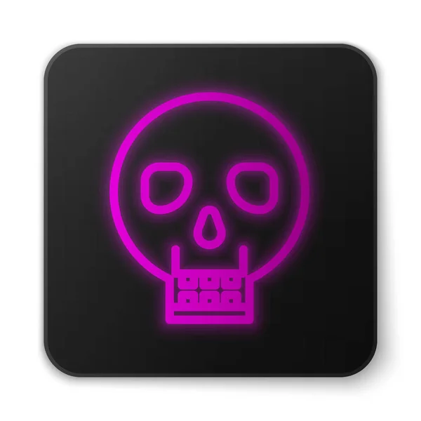 Línea de neón brillante Icono de cráneo aislado sobre fondo blanco. Feliz fiesta de Halloween. Botón cuadrado negro. Ilustración vectorial — Vector de stock