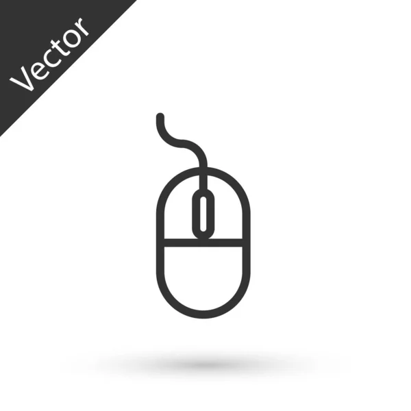 Línea gris Icono del ratón del ordenador aislado sobre fondo blanco. Óptica con símbolo de rueda. Ilustración vectorial — Vector de stock