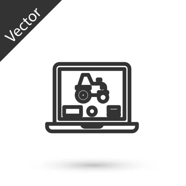 Applicazione Laptop della linea Grey per il controllo di un trattore autonomo su un'icona smart farm isolata su sfondo bianco. Agricoltura intelligente implementare. Illustrazione vettoriale — Vettoriale Stock