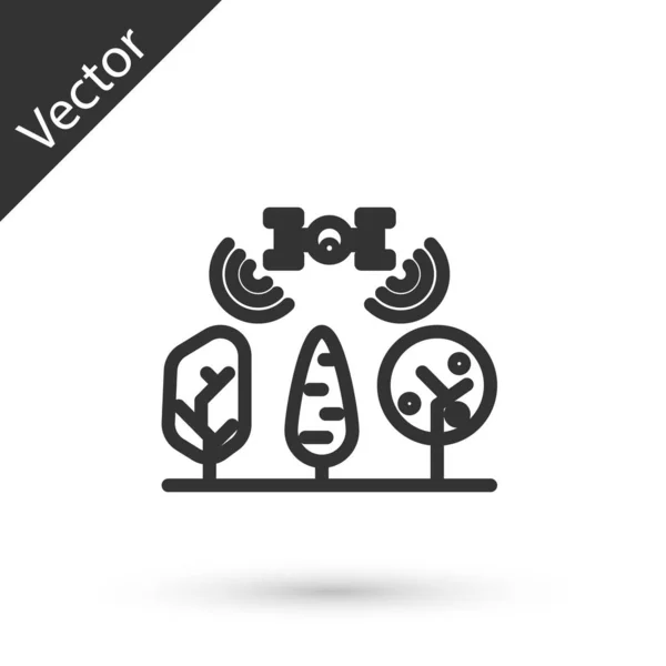 Línea gris Granja inteligente con control de drones e icono de árbol aislado sobre fondo blanco. Tecnología de innovación para la empresa agrícola. Ilustración vectorial — Vector de stock