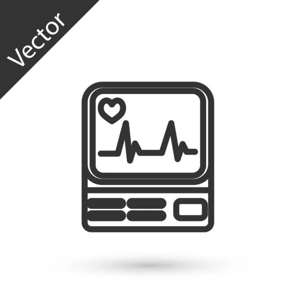 灰色の線白い背景に隔離された心臓画像のアイコンを持つコンピュータモニタ。監視アイコン。心拍の手でECGモニターを描画します。ベクターイラスト — ストックベクタ