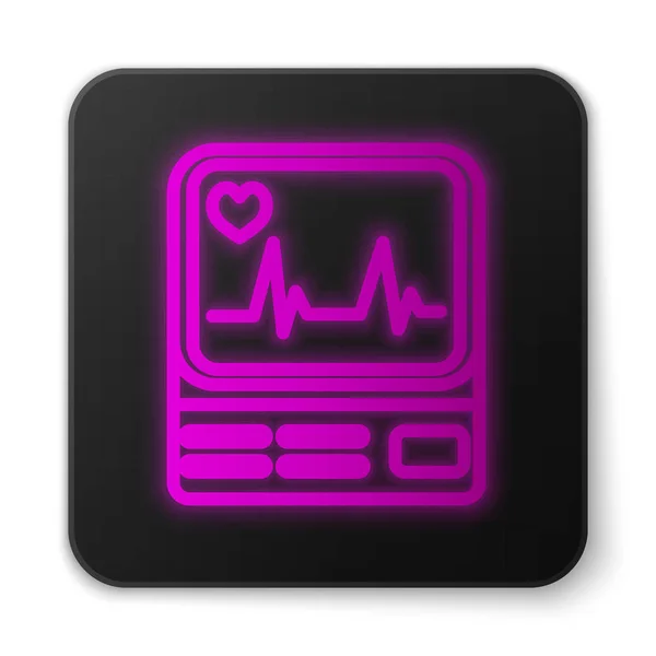 Glowing neon line Computer monitor with cardiogram icon isolated on white background. Monitoring icon. ECG monitor with heart beat hand drawn. Black square button. Vector Illustration — Stock Vector