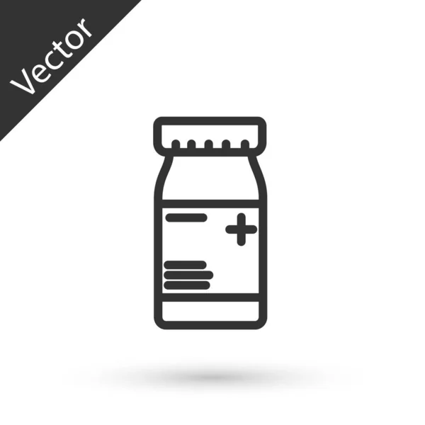 Linha cinza garrafa de medicina e pílulas ícone isolado no fundo branco. Sinal de pílula de garrafa. Design de farmácia. Ilustração vetorial — Vetor de Stock