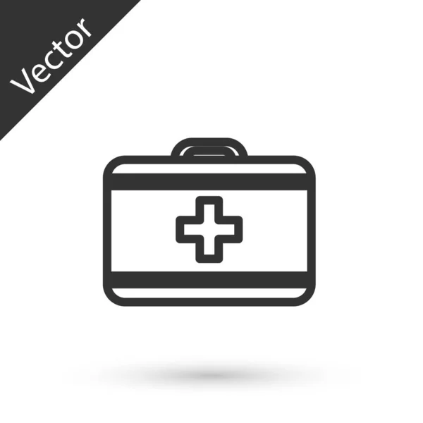 Linha cinza Ícone do kit de primeiros socorros isolado no fundo branco. Caixa médica com cruz. Equipamento médico de emergência. Conceito de saúde. Ilustração vetorial — Vetor de Stock