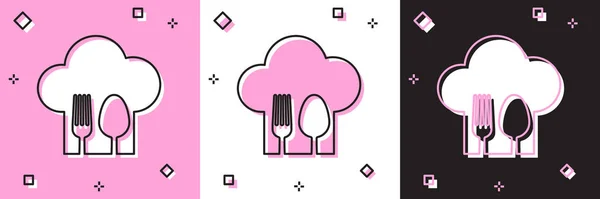 Set Chef chapeau avec fourchette et cuillère icône isolée sur fond rose et blanc, noir. Symbole de cuisson. Menu du restaurant. Chapeau de cuisine. Illustration vectorielle — Image vectorielle