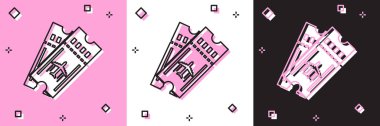 Uçak bileti simgesi pembe beyaz siyah arka planda izole edildi. Uçak bileti. Vektör İllüstrasyonu