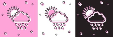 Bulut 'u yağmur ve güneş ikonu ile pembe beyaz ve siyah arkaplanda izole et. Yağmur damlaları ile yağmur bulutu yağışı. Vektör İllüstrasyonu