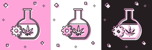 Set Tube à essai chimique avec icône de marijuana ou de feuille de cannabis isolé sur fond rose et blanc noir. Concept de recherche. Laboratoire CBD concept d'huile. Illustration vectorielle — Image vectorielle