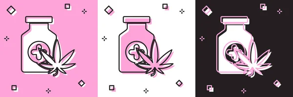 Tıbbi şişeyi marihuana ya da kenevir yaprağı ikonu ile pembe beyaz ve siyah arka planda izole et. Kavanozlardaki kenevir yağı özlerini taklit et. Vektör İllüstrasyonu — Stok Vektör