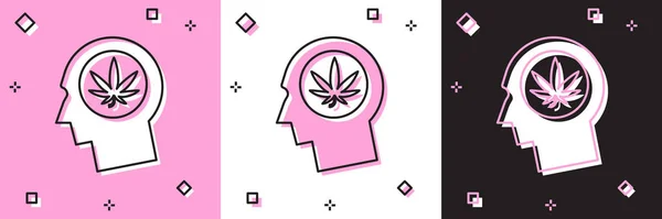 Zestaw sylwetka męskiej głowy w profilu z marihuaną lub ikoną liści konopi odizolowanych na różowo-białym, czarnym tle. Legalizacja marihuany. Symbol konopi. Ilustracja wektora — Wektor stockowy