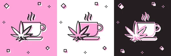 Set Cup tea with marijuana or cannabis leaf icon isolated on pink and white, black background. Marijuana legalization. Hemp symbol. Vector Illustration — Stock Vector