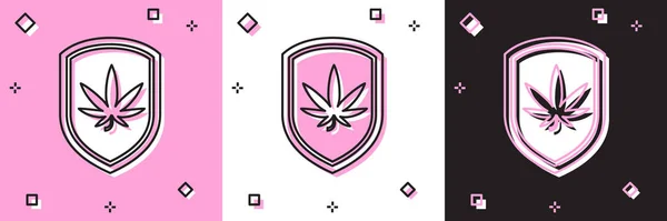 Set Shield y el icono de la marihuana o la hoja de cannabis aislados en rosa y blanco, fondo negro. Legalización de la marihuana. Un símbolo de cáñamo. Ilustración vectorial — Archivo Imágenes Vectoriales