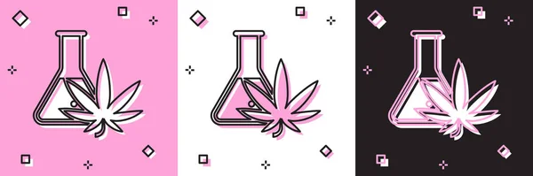 Set Tube à essai chimique avec icône de marijuana ou de feuille de cannabis isolé sur fond rose et blanc noir. Concept de recherche. Laboratoire CBD concept d'huile. Illustration vectorielle — Image vectorielle