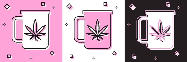 Set Té taza con marihuana o icono de hoja de cannabis aislado sobre fondo rosa y blanco, negro. Legalización de la marihuana. Un símbolo de cáñamo. Ilustración vectorial — Archivo Imágenes Vectoriales