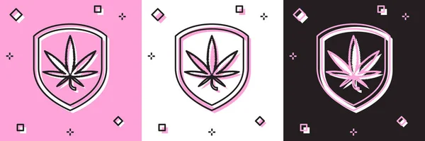 Set Shield och marijuana eller cannabis blad ikon isolerad på rosa och vit, svart bakgrund. Marijuana legalisering. Hampa symbol. Vektor Illustration — Stock vektor