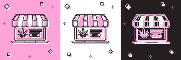 Zestaw Laptop i marihuany medycznej lub ikony liści marihuany izolowane na różowym i białym, czarnym tle. Symbol zakupu online. Kosz supermarketów. Ilustracja wektora — Wektor stockowy