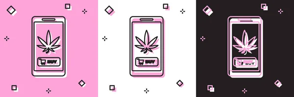 Zestaw Telefon komórkowy i medyczna marihuana lub ikona liści marihuany izolowane na różowym i białym, czarnym tle. Symbol zakupu online. Kosz supermarketów. Ilustracja wektora — Wektor stockowy