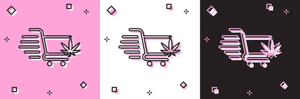 Zestaw koszyk z marihuaną lub ikoną liści marihuany odizolowany na różowo-białym, czarnym tle. Kupuję online. Dostawa. Kosz supermarketów. Ilustracja wektora — Wektor stockowy
