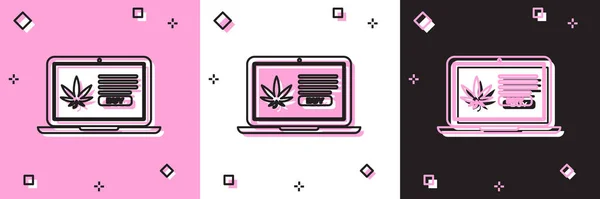 Laptop ve tıbbi marihuana ya da kenevir yaprağı ikonunu pembe ve beyaz, siyah arkaplana ayır. İnternetten satın alma sembolü. Süpermarket sepeti. Vektör İllüstrasyonu — Stok Vektör
