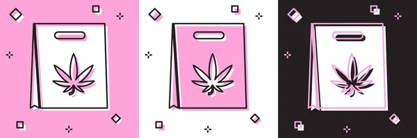 Set Sac en papier Shopping de marijuana médicale ou icône de feuille de cannabis isolé sur fond rose et blanc, noir. Acheter du cannabis. Symbole de chanvre. Illustration vectorielle — Image vectorielle