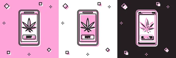 Zestaw Telefon komórkowy i medyczna marihuana lub ikona liści marihuany izolowane na różowym i białym, czarnym tle. Symbol zakupu online. Kosz supermarketów. Ilustracja wektora — Wektor stockowy