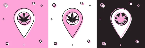 Ορισμός δείκτη χάρτη και μαριχουάνα ή φύλλο κάνναβης εικονίδιο απομονώνονται σε ροζ και άσπρο, μαύρο φόντο. Σύμβολο κάνναβης. Εικονογράφηση διανύσματος — Διανυσματικό Αρχείο