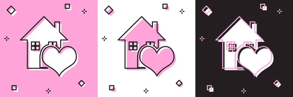 Set Casa con icono en forma de corazón aislado sobre fondo rosa y blanco, negro. El símbolo del amor en casa. Familia, bienes raíces y bienes raíces. Ilustración vectorial — Vector de stock