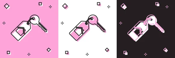 Set Huis met sleutelpictogram geïsoleerd op roze en witte, zwarte achtergrond. Het concept van het huis turnkey. Vector Illustratie — Stockvector