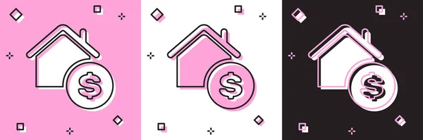 House 'u dolar sembollü pembe beyaz siyah arkaplanda izole et. Ev ve para. Emlak konsepti. Vektör İllüstrasyonu — Stok Vektör