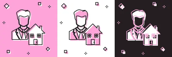 Állítsa Realtor ikon elszigetelt rózsaszín-fehér, fekete háttér. Házat venni. Vektorillusztráció — Stock Vector