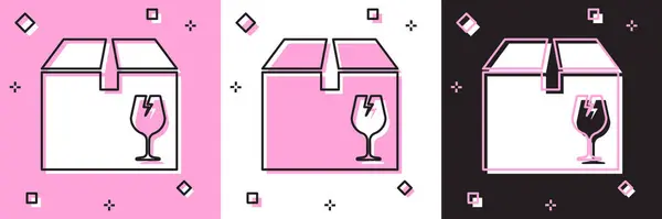 Set boîte de paquet de livraison avec le symbole de contenu fragile de l'icône en verre cassé isolé sur fond rose et blanc, noir. Boîte, paquet, panneau de colis. Illustration vectorielle — Image vectorielle