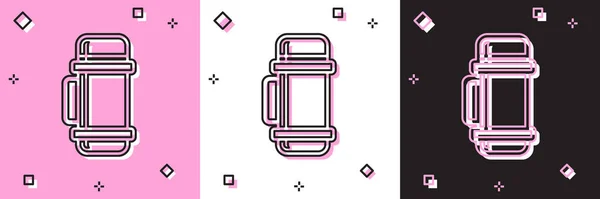 Ορισμός εικονίδιο δοχείου θερμός απομονωμένο σε ροζ και λευκό, μαύρο φόντο. Εικονίδιο θερμοφιάλης. Εξοπλισμός κάμπινγκ και πεζοπορίας. Εικονογράφηση διανύσματος — Διανυσματικό Αρχείο
