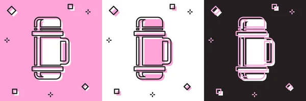 Set Thermos container icon isolated on pink and white, black background. Thermo flask icon. Camping and hiking equipment. Vector Illustration — Stock Vector