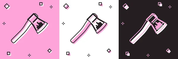 Set Houten bijl pictogram geïsoleerd op roze en witte, zwarte achtergrond. Een houthakkerbijl. Vector Illustratie — Stockvector