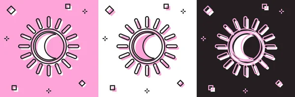 Definir Eclipse do ícone do sol isolado em rosa e branco, fundo preto. Eclipse total do sonar. Ilustração vetorial — Vetor de Stock