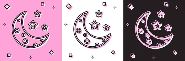 Definir lua e estrelas ícone isolado em rosa e branco, fundo preto. Ilustração vetorial — Vetor de Stock
