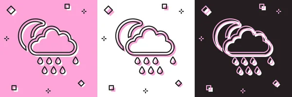 Set Wolke mit Regen und Mond-Symbol isoliert auf rosa und weißen, schwarzen Hintergrund. Regenwolken Niederschlag mit Regentropfen. Vektorillustration — Stockvektor