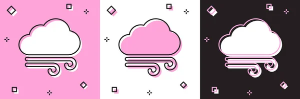 Set Icono del tiempo ventoso aislado en rosa y blanco, fondo negro. Nube y viento. Ilustración vectorial — Archivo Imágenes Vectoriales